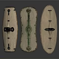Three Ancient Shields Display With Wooden Frames And Decorative Metal Ornaments 3d model
