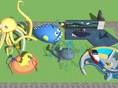 Cartoon Themed Children's Playground With Octopus Whale Dinosaur And Boat On Green Lawn 3d model
