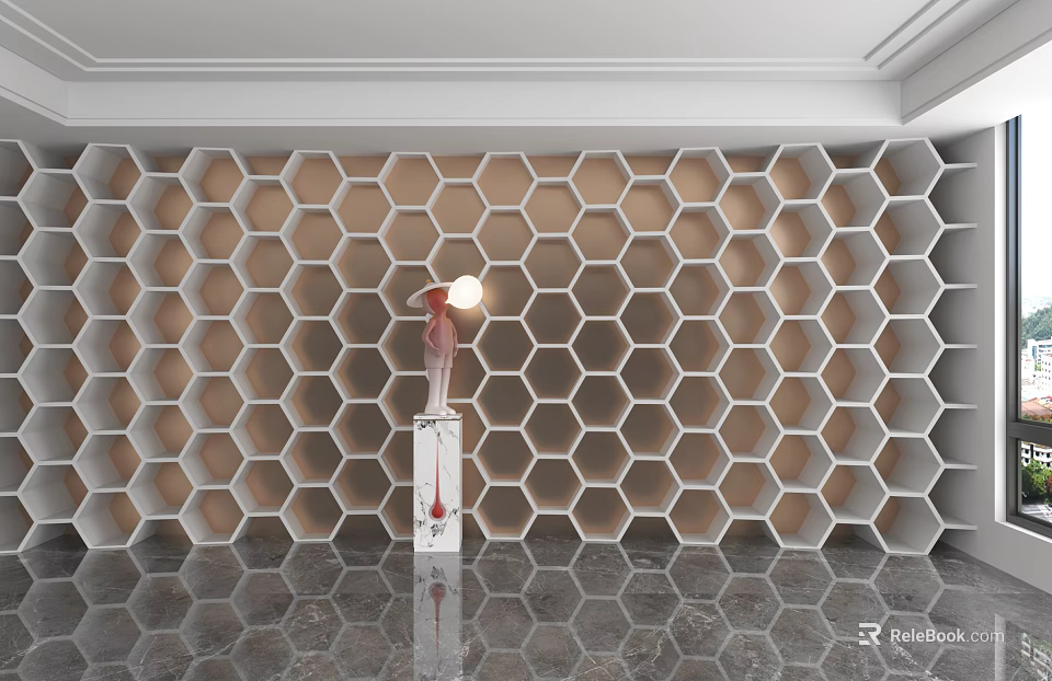 Modern Hexagonal Accent Wall with White Frames Brown Panels Sculpture Lamp and Marble Floor 3d model 