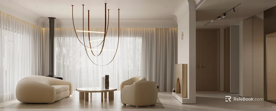 Modern Dining and Living Room Interior with Hanging Chandelier Beige Sofa and Fireplace Design 3d model 