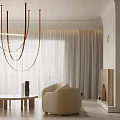 Modern Dining and Living Room Interior with Hanging Chandelier Beige Sofa and Fireplace Design