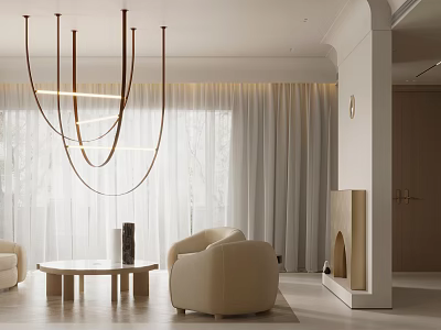 Modern Dining and Living Room Interior with Hanging Chandelier Beige Sofa and Fireplace Design 3d model