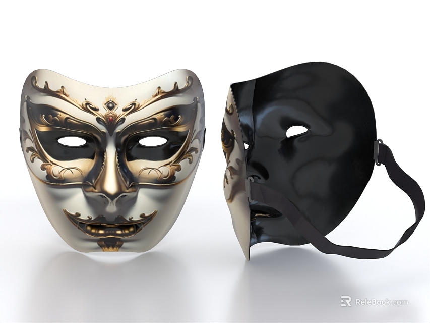 Decorative Ornament Set with Two Masks Silver Gold Ornate and Black Design 3d model 