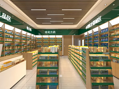 Pharmacy Store Interior With Medicines On Shelves And Prescription Drug Area 3d model