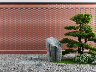 Building Exterior Wall With Red Brick And Landscape Elements 3d model