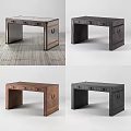 Rustic Wooden Desk with Drawers and Decorative Stripes Vintage Design