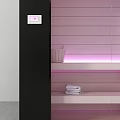 Modern Shower Sauna Interior Design With Glass Door Wooden Shelves And Control Panel