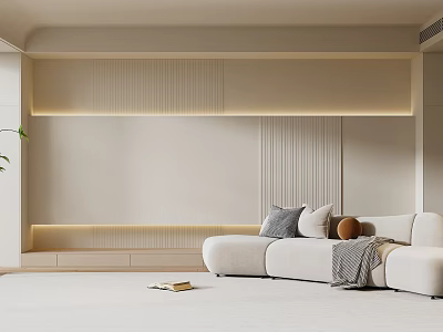 Modern Living Room Interior With Light Colored Sofa Background Wall And Vertical Stripe LED Lighting Decoration 3d model