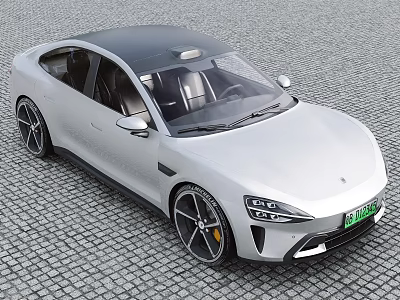 White Electric Coupe With Sleek Design Black Roof Large Alloy Wheels And Green License Plate 3d model