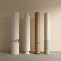Four Modern Decorative Columns With Beige Wooden Textured And Stacked Design Elements 3d model
