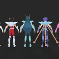 Five Colorful Armored Warrior Characters With Unique Helmets Standing In Row