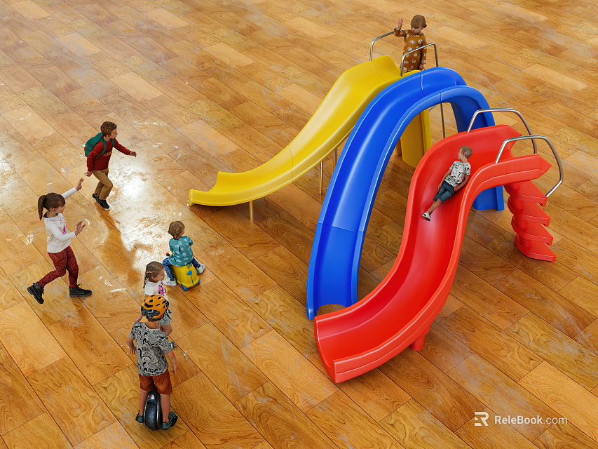 Playground Equipment with Colorful Slides for Children Playing on Wooden Floor 3d model 