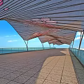 Wavy Landscape Bridge With Pink Floral Patterns Over Blue Water And Sky