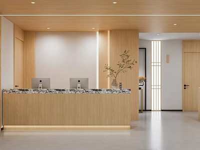 Modern Hospital Outpatient Clinic Reception Area With Wooden Desk Marble Countertop And Computers 3d model