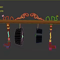 Traditional Chinese Household Decorative Stand With Red Frame Golden Carvings And Black Gongs