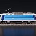 Blue And White Electric Train Model On Railway Track With Detailed Design