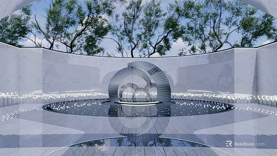 Modern Geometric Sculpture Installation With Reflective Water Pool And Surrounding Trees 3d model 