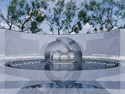 Modern Geometric Sculpture Installation With Reflective Water Pool And Surrounding Trees 3d model