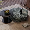 Round Black and Hexagonal Marble Coffee Tables with Green Fruits Vase Open Book on Rug