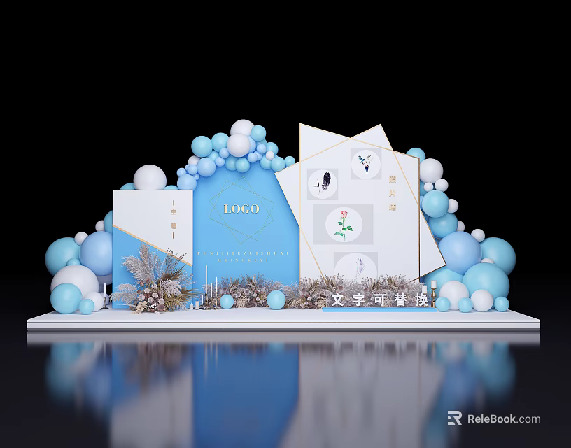 Elegant Event Decoration With Blue White Balloons Geometric Boards Floral Accents And Reflective Surface 3d model 