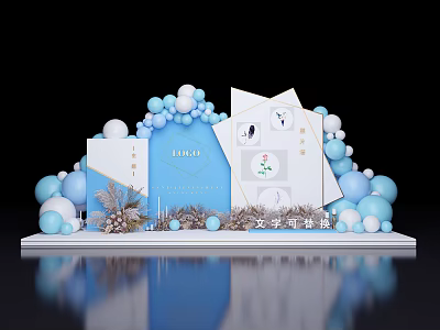 Elegant Event Decoration With Blue White Balloons Geometric Boards Floral Accents And Reflective Surface 3d model