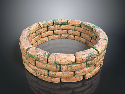 Circular Brick Wall Structure With Green Moss Covered Bricks And Ring Design 3d model