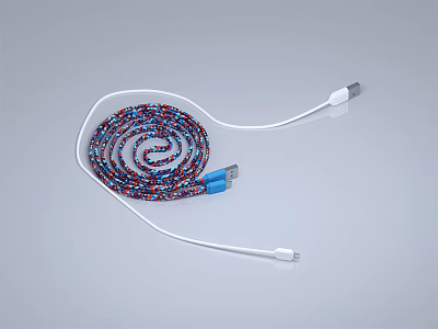 Colorful Braided USB Type C Data Cable With White Coiled Spiral Design For Mobile Devices 3d model