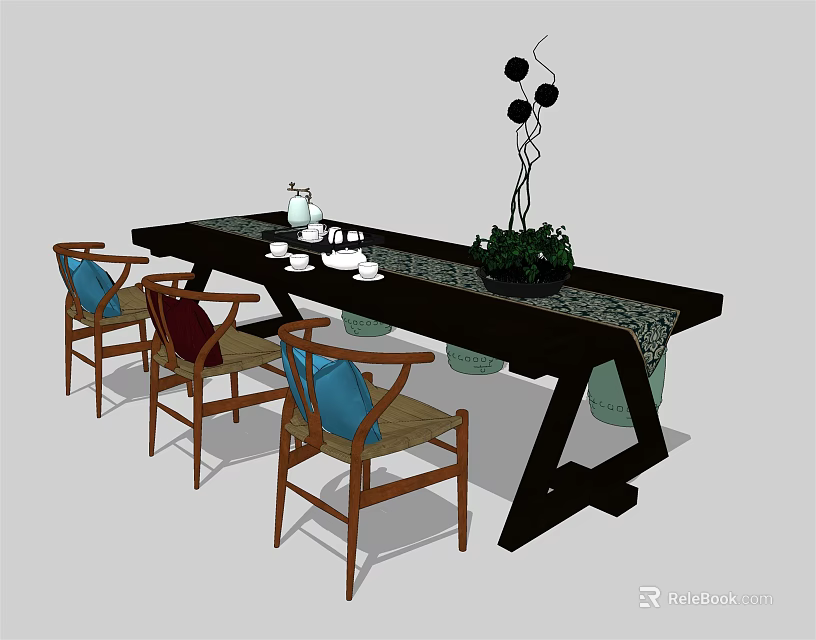 Traditional Chinese Tea Table And Chairs With Tea Set Decorative Plant And Colored Backrests 3d model 
