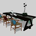 Traditional Chinese Tea Table And Chairs With Tea Set Decorative Plant And Colored Backrests
