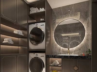 Elegant Modern Bathroom Interior With Marble Walls Round Mirror Stacked Washer Dryer And Towel Shelves 3d model