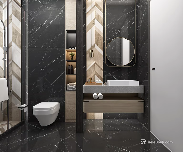 Modern Bathroom Vanity With Marble Countertop Round Mirror Wooden Cabinet And Dark Tiles 3d model 