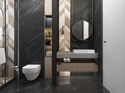 Modern Bathroom Vanity With Marble Countertop Round Mirror Wooden Cabinet And Dark Tiles 3d model