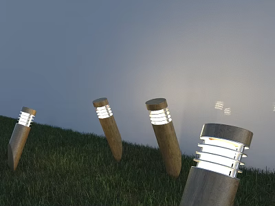 Outdoor Lights Cylindrical Illuminated Design On Green Grass With Bright Glow 3d model