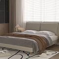 Modern Double Bed With Beige Headboard Gray Brown Blankets Nightstands Lamps And Black White Rug