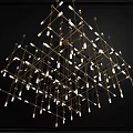 Modern Geometric Chandelier With Golden Metal Grid Structure And Multiple Small Bulbs