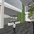 Modern Front Desk Reception Area Featuring Marble Desk Living Plant Wall And Spiral Decor