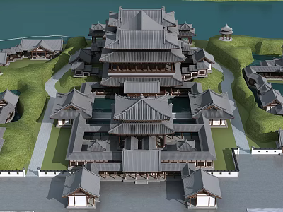 Ancient Chinese Architectural Complex With Multi Layered Roofs Courtyards And Water Surroundings 3d model