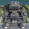 Ancient Chinese Architectural Complex With Multi Layered Roofs Courtyards And Water Surroundings