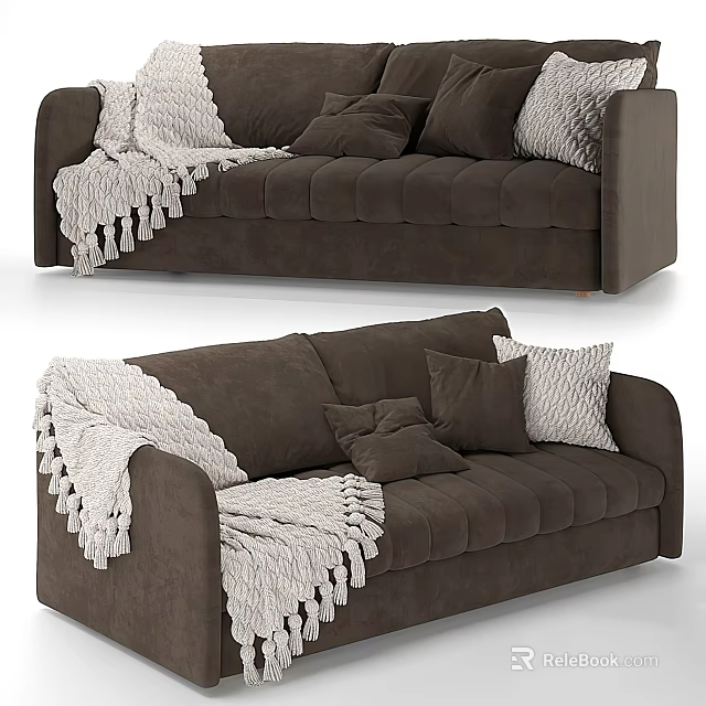 Cozy Brown Velvet Two Seater Sofa With White Fringed Blanket And Cushions 3d model 