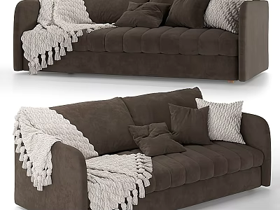 Cozy Brown Velvet Two Seater Sofa With White Fringed Blanket And Cushions 3d model