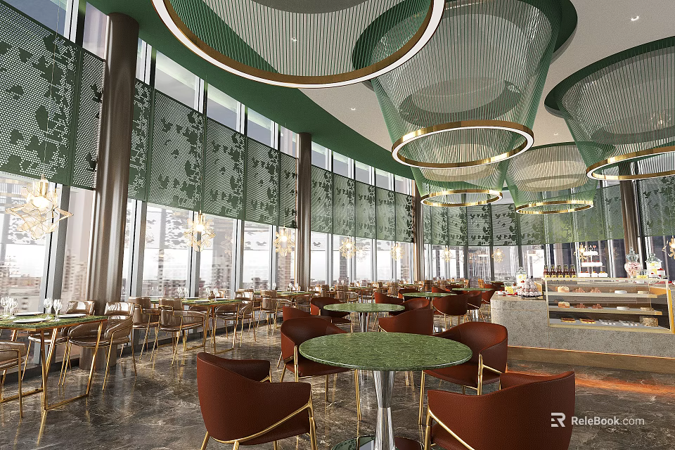 Modern Restaurant Interior With Green Pendant Lights Round Tables And Brown Chairs 3d model 