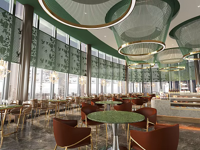 Modern Restaurant Interior With Green Pendant Lights Round Tables And Brown Chairs 3d model