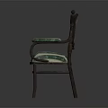 Wooden Frame Chair With Green And White Striped Upholstery And Decorative Armrests