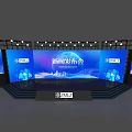 News Conference Stage Setup With Main Screens Blue Background Cityscape Graphics And Company Logo