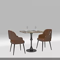 Square Marble Top Dining Table Set With Black Metal Base And Two Brown Leather Chairs 3d model