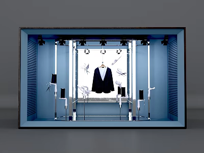 Stylish Window Display With Black Suit Spotlights And Blue Background Decorations 3d model