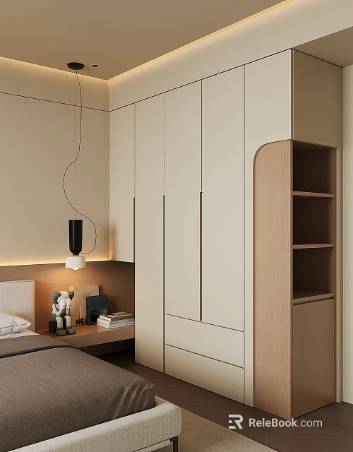 Modern Minimalist Bedroom Wardrobe With White Panels And Wooden Open Shelves 3d model 