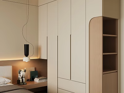 Modern Minimalist Bedroom Wardrobe With White Panels And Wooden Open Shelves 3d model