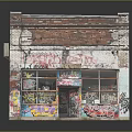 Vintage Red Brick Storefront With Colorful Graffiti And Decorative Stickers On Windows
