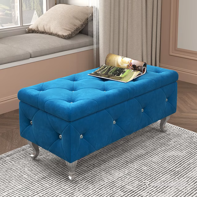 Blue Tufted Velvet Storage Bench With Silver Metal Legs And Magazine On Top 3d model 